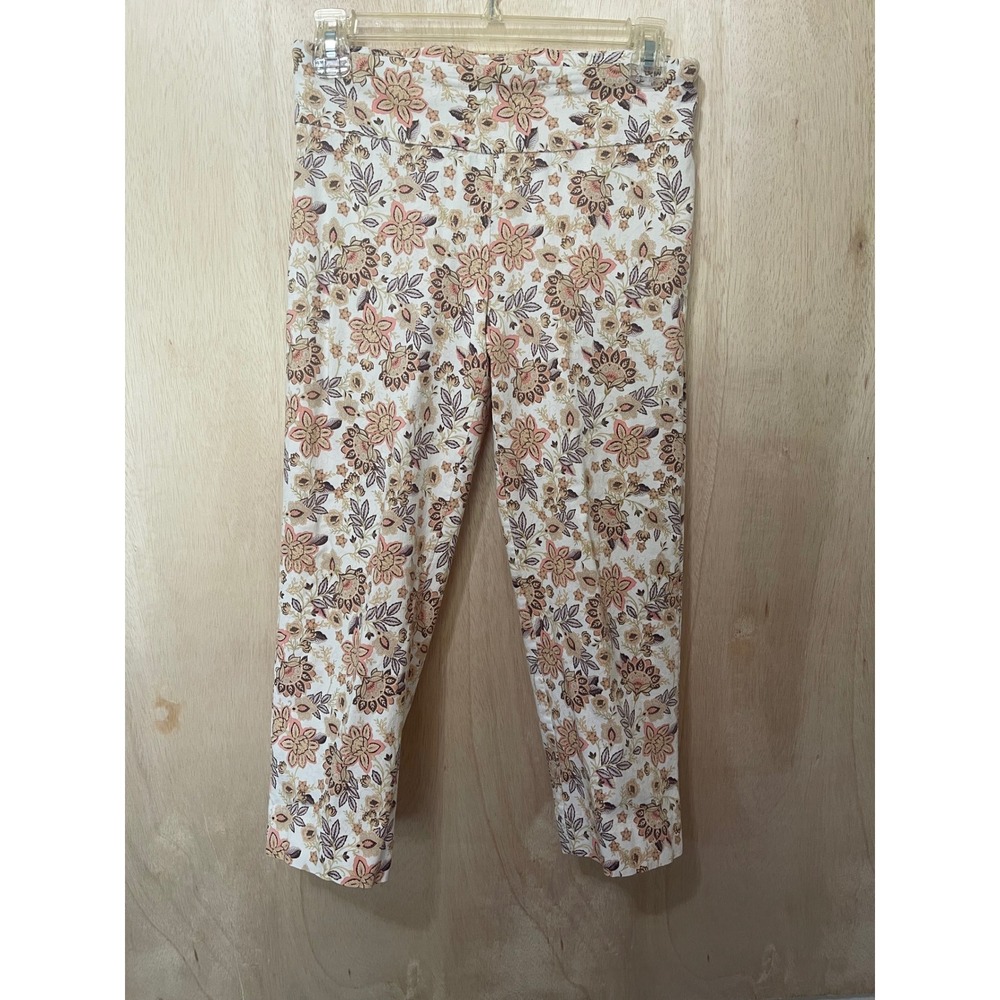 New Directions Floral Cropped Pull On Pants Womens 6 White Peach Tan